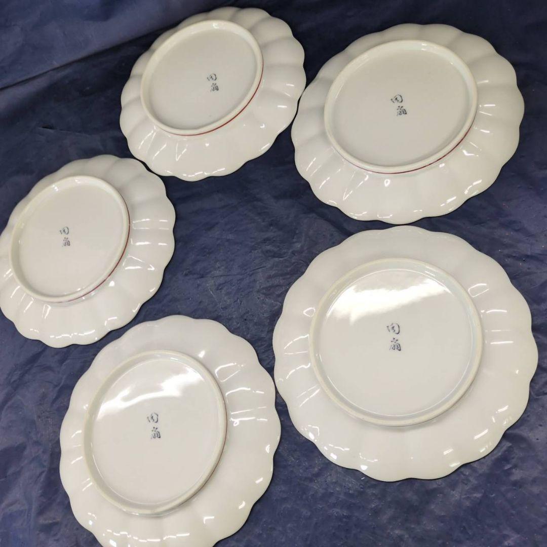 有田焼　陶扇　銘々皿×5枚　中皿　菊割皿　錦絵　赤絵　金彩　古伊万里　AR1.8