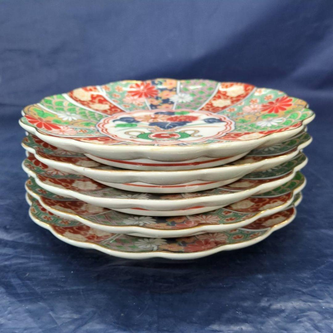 有田焼　陶扇　銘々皿×5枚　中皿　菊割皿　錦絵　赤絵　金彩　古伊万里　AR1.8