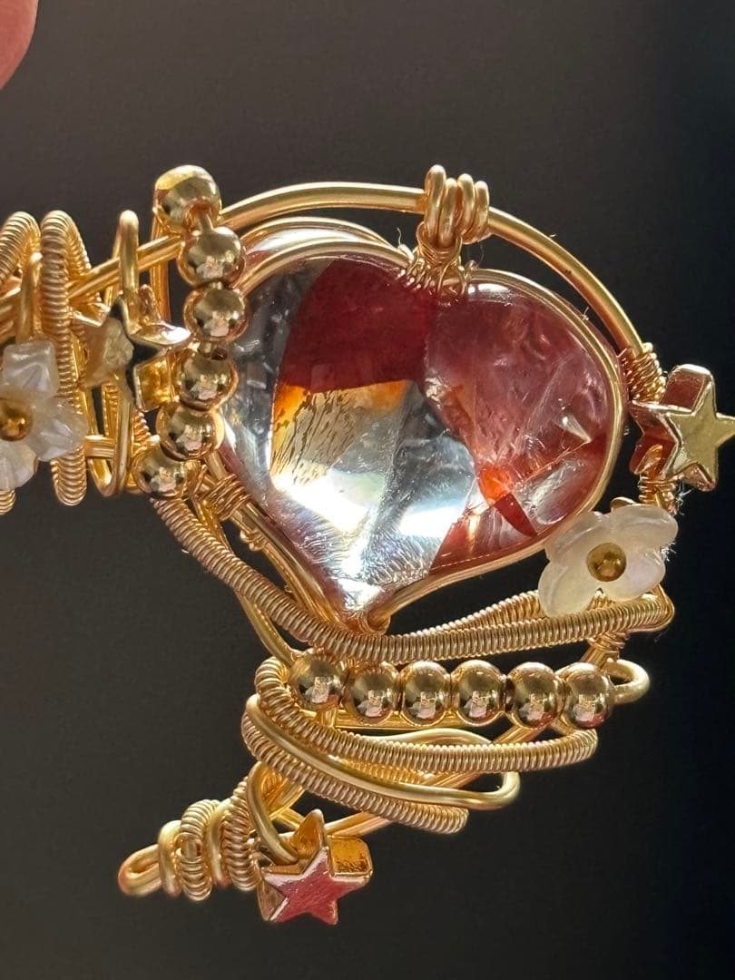 高品質ファイヤークォーツ　月とハート型　ワイヤーペンダントトップ　チャーム　天然