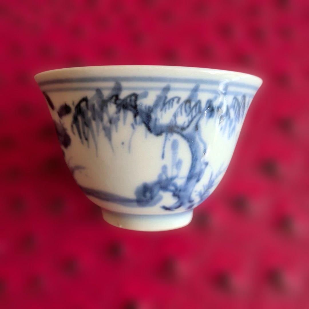 清朝染付　兎図　煎茶碗(3客)