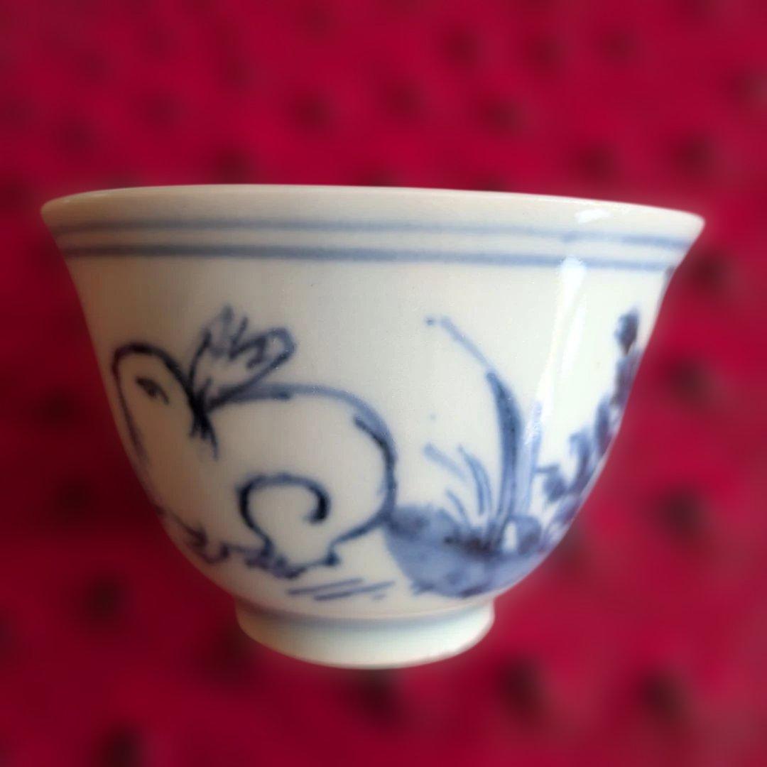 清朝染付　兎図　煎茶碗(3客)