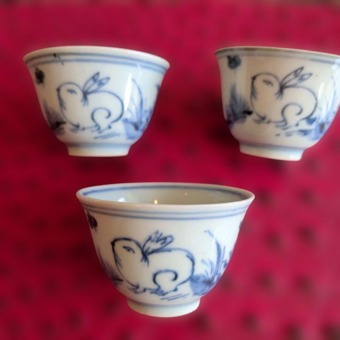 清朝染付　兎図　煎茶碗(3客)