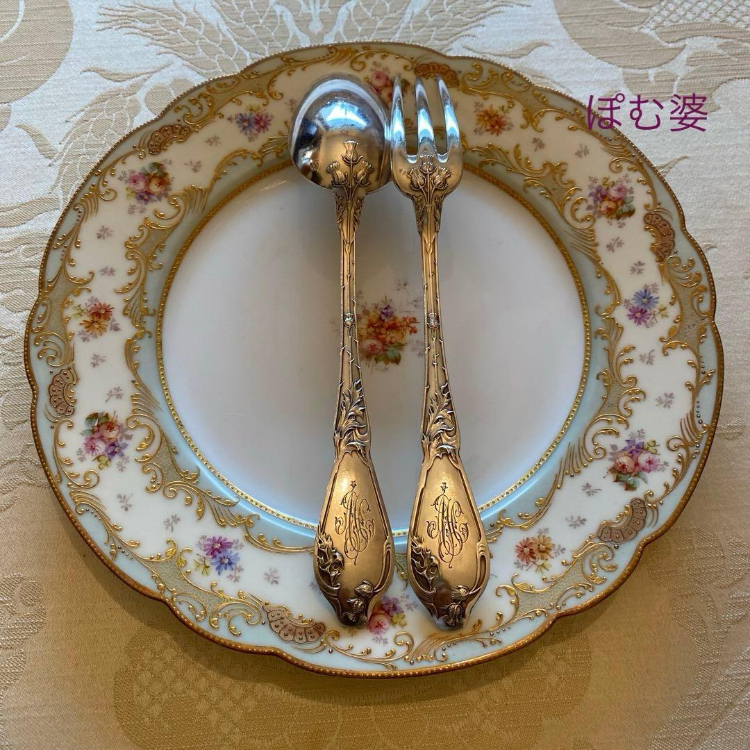 【フランス／Boulenger】純銀／フォーク＆スプーン ３組※元箱付「アザミ」