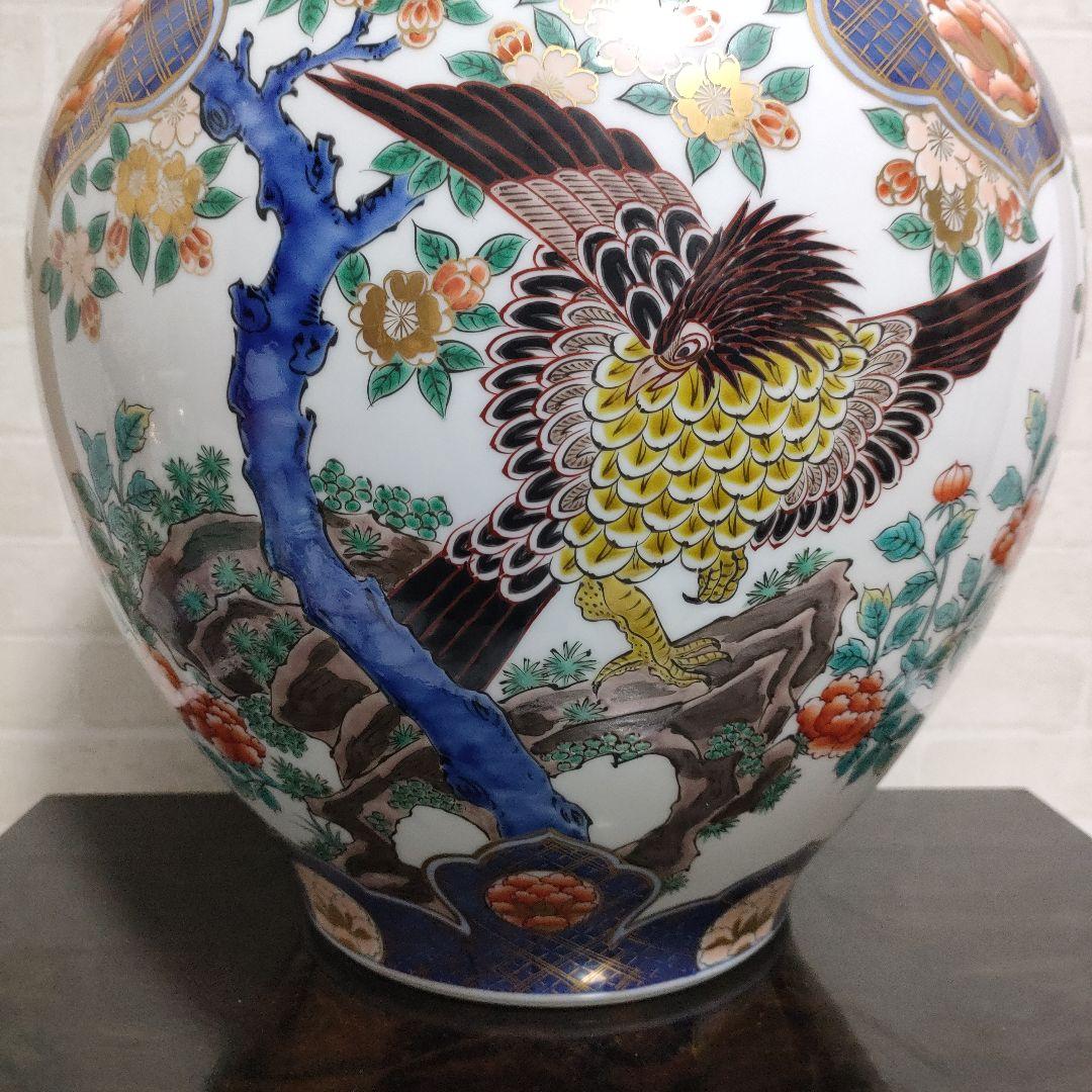 有田焼 名工 緒方松右衛門 大花瓶 花器 飾り壷 鷹 鳳凰 古伊万里様式 金彩