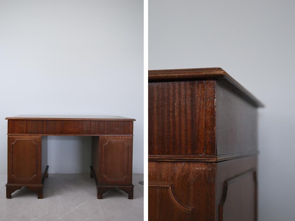 英国アンティーク木製両袖デスク/勉強机テーブル/飾り棚/オフィス事務89-135
