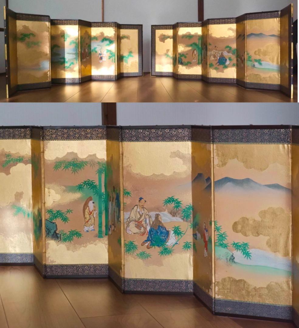 唐人物　対屏風　八曲一双　絵画　紙本金地着色　装飾　調度　箱付　Q2400