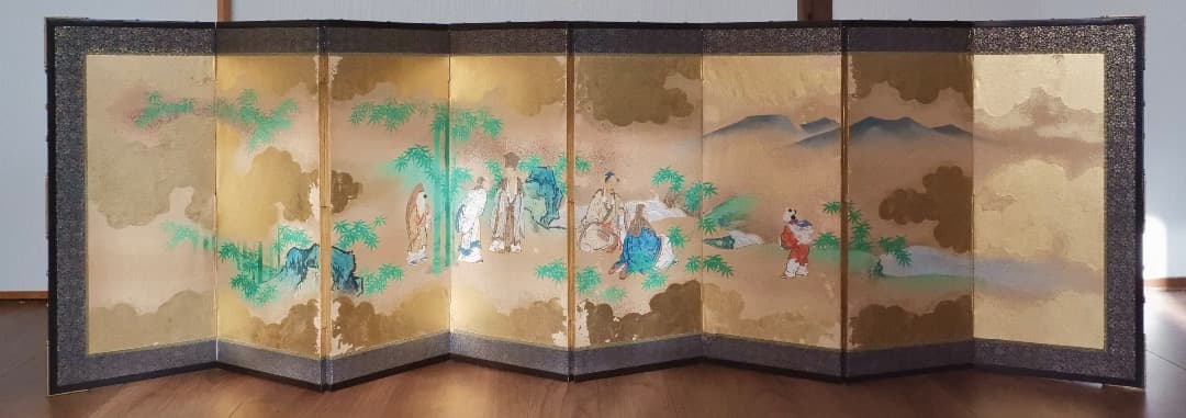 唐人物　対屏風　八曲一双　絵画　紙本金地着色　装飾　調度　箱付　Q2400