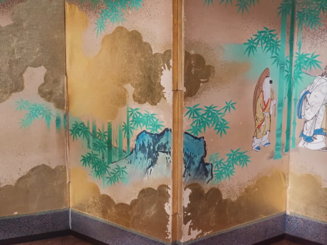 唐人物　対屏風　八曲一双　絵画　紙本金地着色　装飾　調度　箱付　Q2400