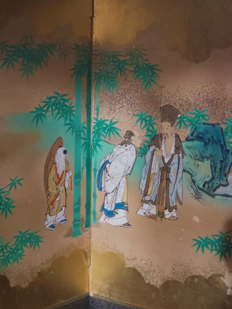 唐人物　対屏風　八曲一双　絵画　紙本金地着色　装飾　調度　箱付　Q2400