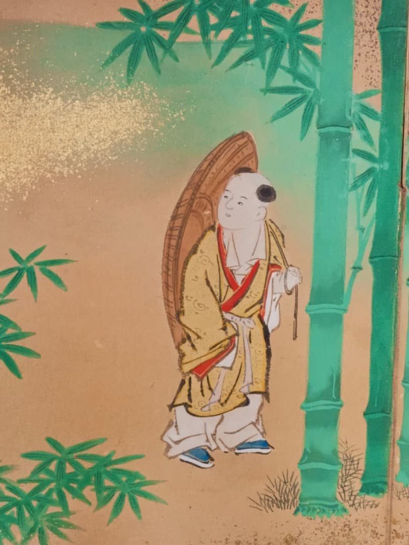 唐人物　対屏風　八曲一双　絵画　紙本金地着色　装飾　調度　箱付　Q2400