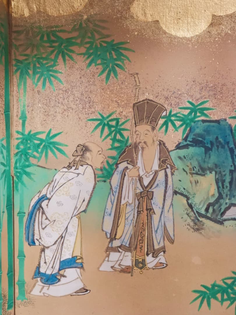 唐人物　対屏風　八曲一双　絵画　紙本金地着色　装飾　調度　箱付　Q2400