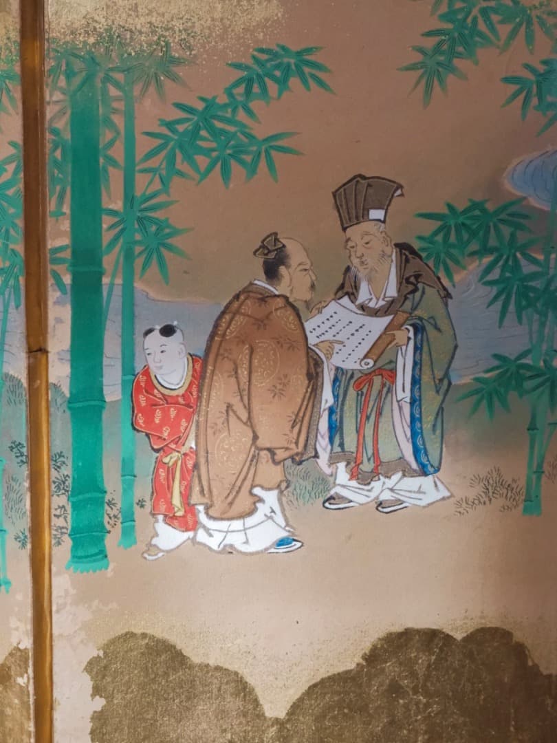 唐人物　対屏風　八曲一双　絵画　紙本金地着色　装飾　調度　箱付　Q2400