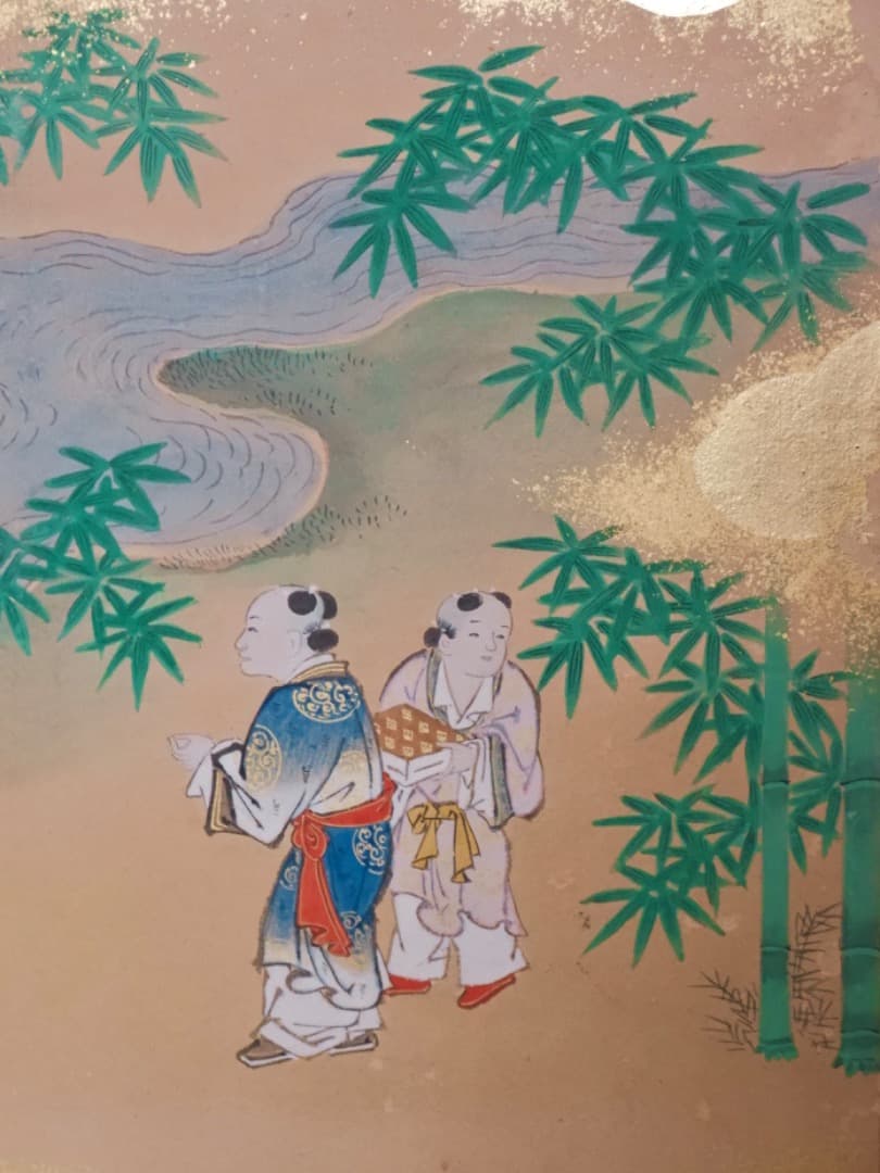 唐人物　対屏風　八曲一双　絵画　紙本金地着色　装飾　調度　箱付　Q2400