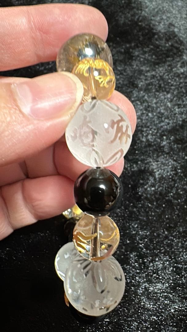 太陽放射タイチンルチル 手彫金彫刻 五本爪皇帝青龍 モリオン 大玉 ブレスレット