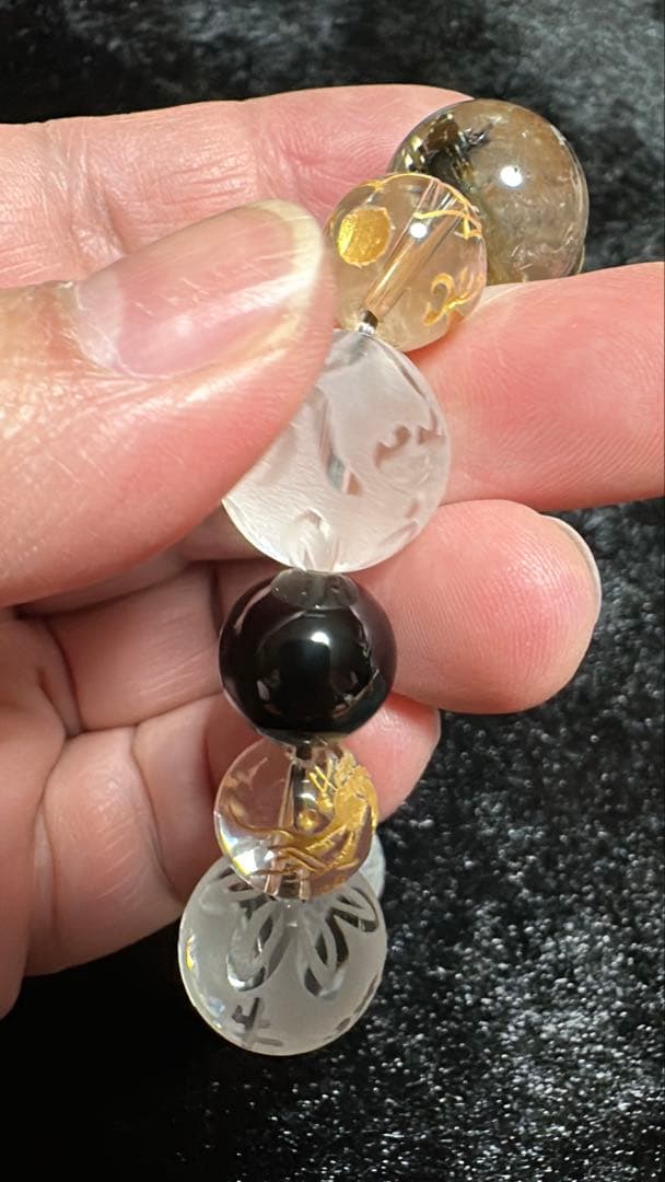 太陽放射タイチンルチル 手彫金彫刻 五本爪皇帝青龍 モリオン 大玉 ブレスレット