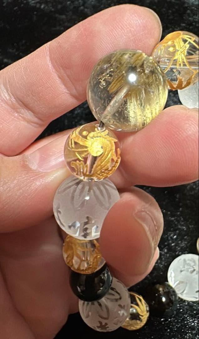 太陽放射タイチンルチル 手彫金彫刻 五本爪皇帝青龍 モリオン 大玉 ブレスレット