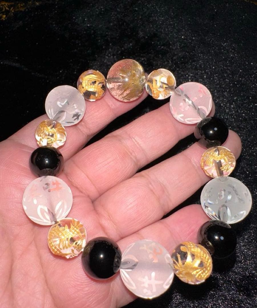 太陽放射タイチンルチル 手彫金彫刻 五本爪皇帝青龍 モリオン 大玉 ブレスレット