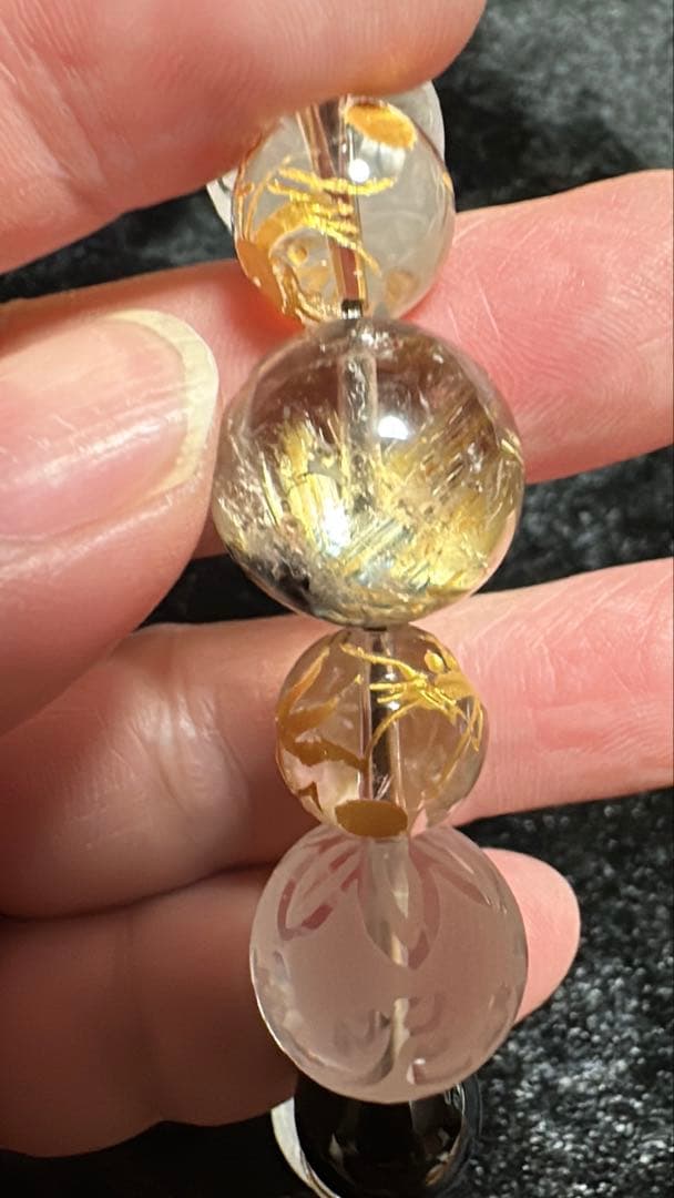 太陽放射タイチンルチル 手彫金彫刻 五本爪皇帝青龍 モリオン 大玉 ブレスレット