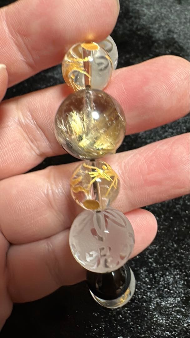 太陽放射タイチンルチル 手彫金彫刻 五本爪皇帝青龍 モリオン 大玉 ブレスレット