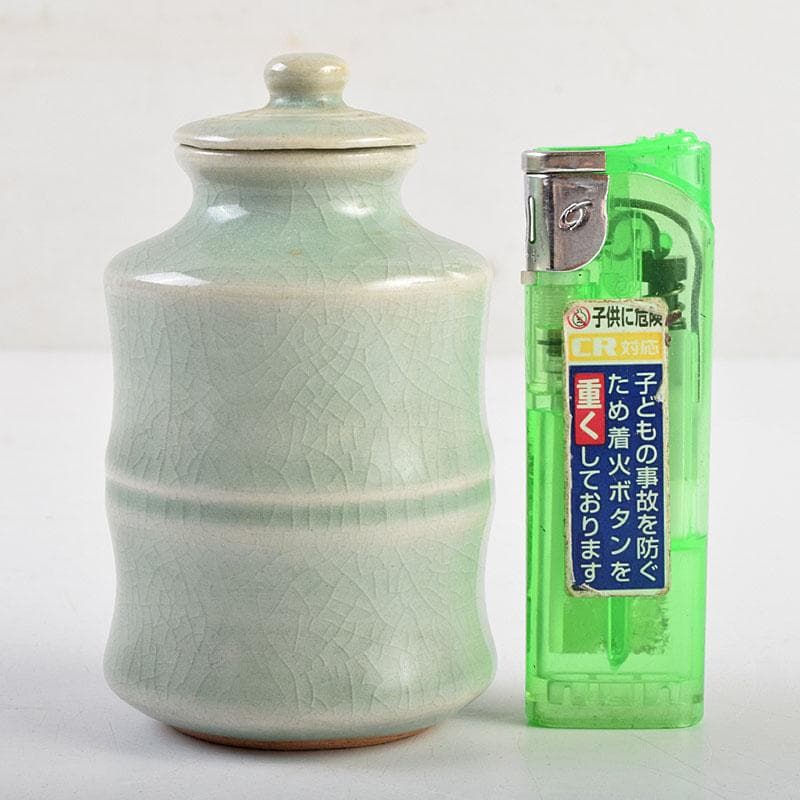 茶道具　韓国人間文化財　池順鐸作　青磁　竹茶入　仕覆付　共箱　V　R9595