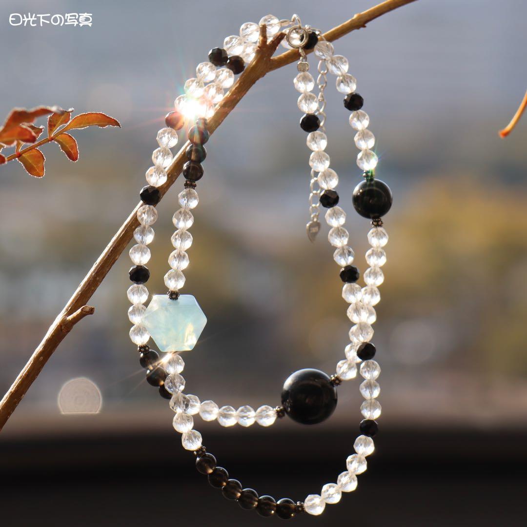 アクアマリン オブシディアン クォーツ シルバー925 天然石デザインネックレス