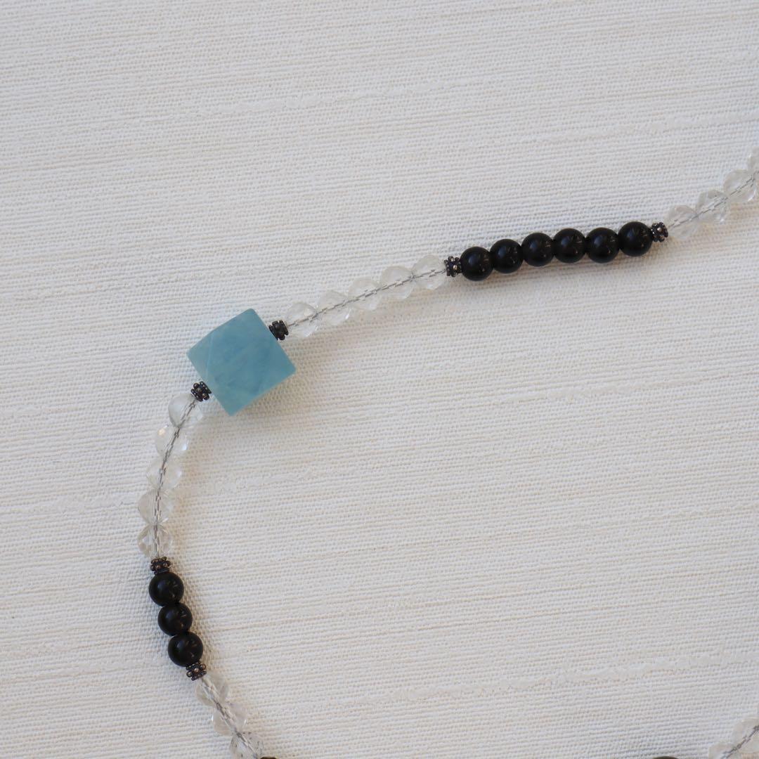 アクアマリン オブシディアン クォーツ シルバー925 天然石デザインネックレス