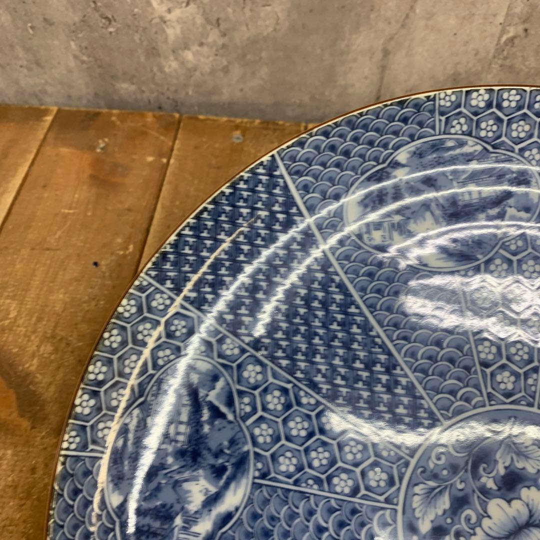 D-4 【極美品】有田焼・伊万里焼 染付 山水窓絵 牡丹 飾り大皿