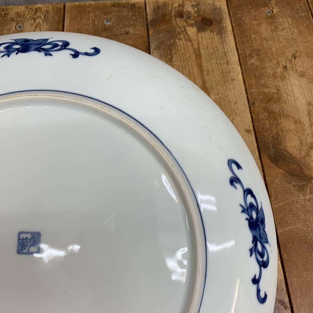 D-4 【極美品】有田焼・伊万里焼 染付 山水窓絵 牡丹 飾り大皿