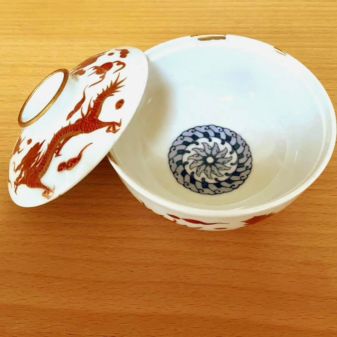【金継ぎ】九谷焼 赤絵龍紋 蓋つき煮物椀 明治時代物