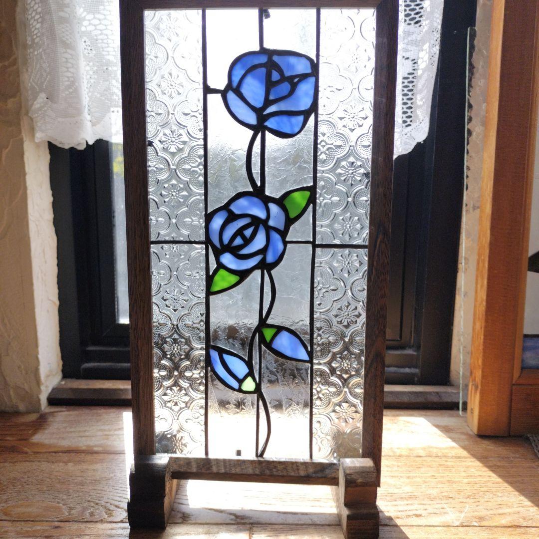 ステンドグラス◆レトロ風青い薔薇◆ハンドメイト品