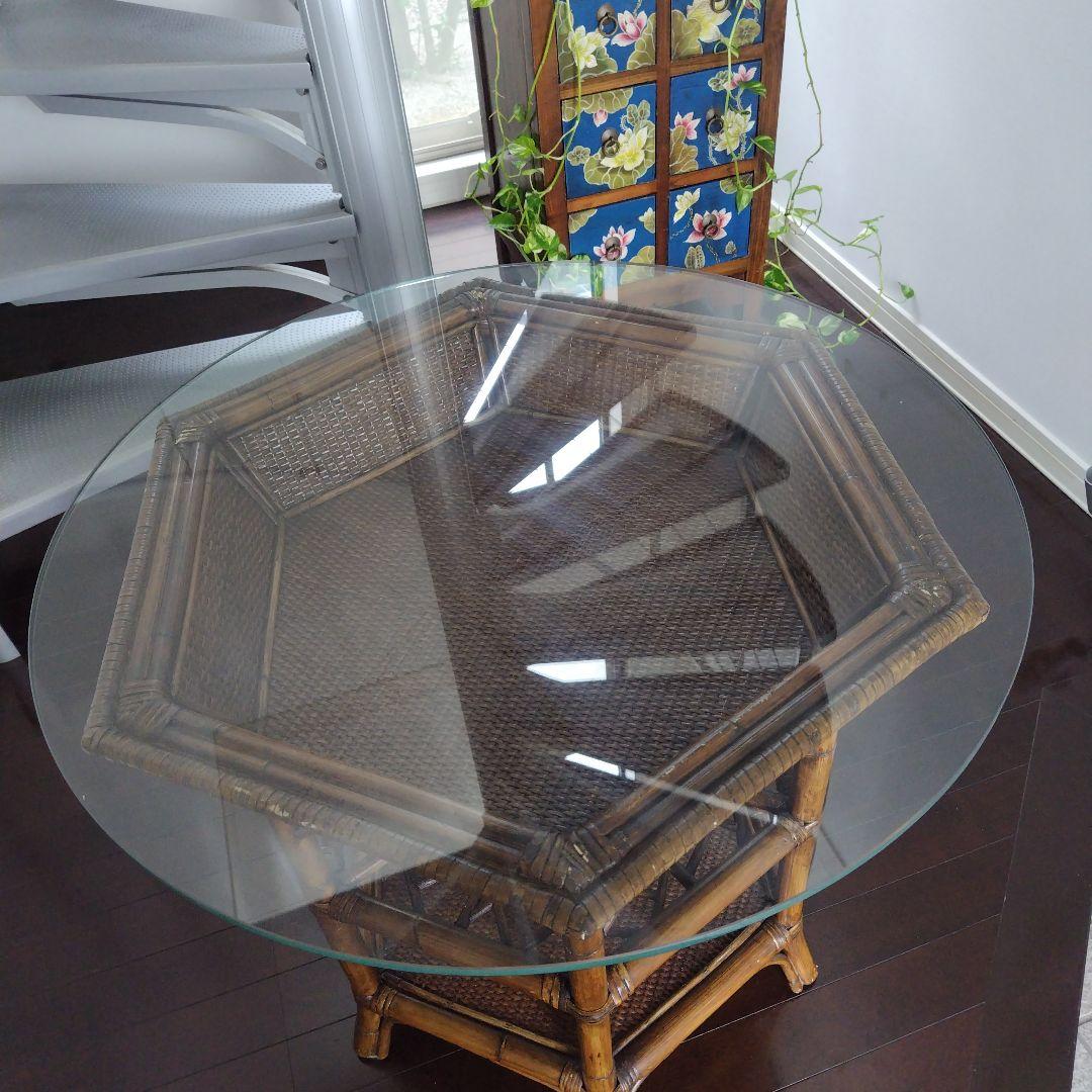 アンティーク ラタン 六角形テーブル ガラス天板付き 風水