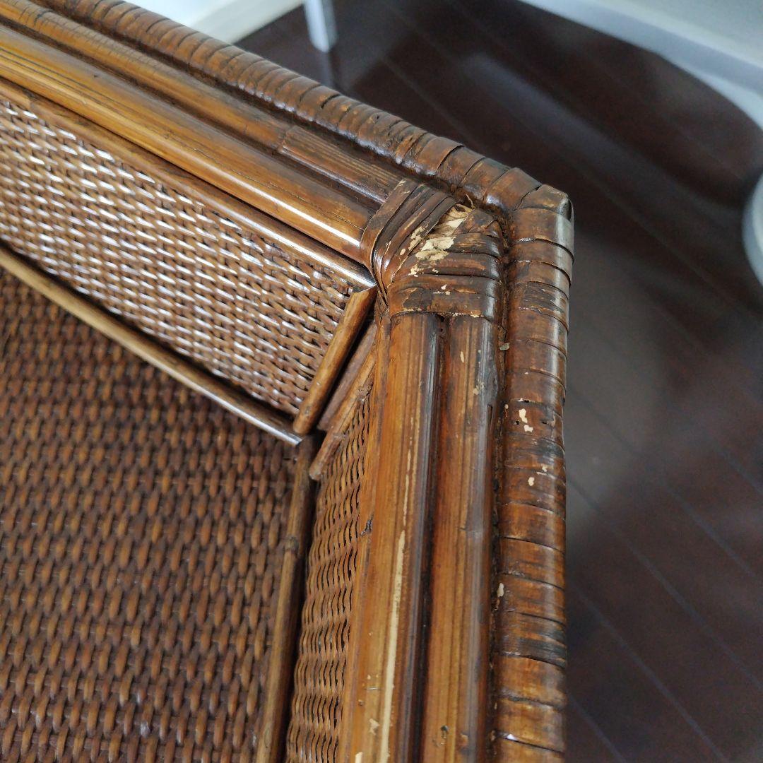 アンティーク ラタン 六角形テーブル ガラス天板付き 風水