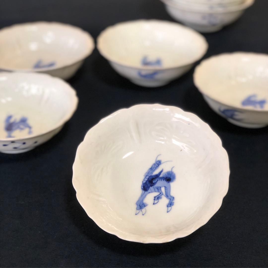 《R》伊万里 染付 麒麟図 輪花 小鉢10客 1f