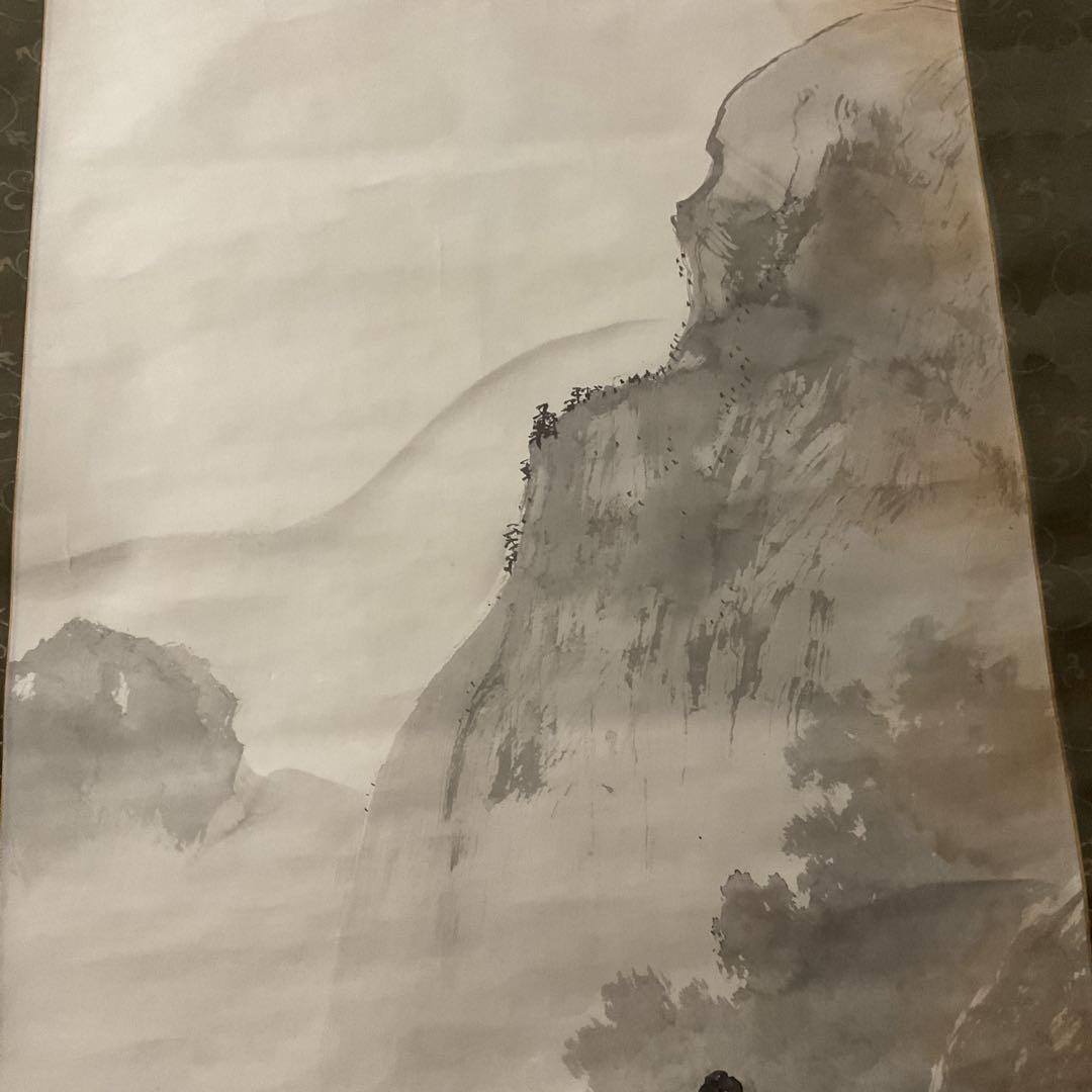 絹本水墨画 掛け軸 山水風景 作者不詳 落款印譜在