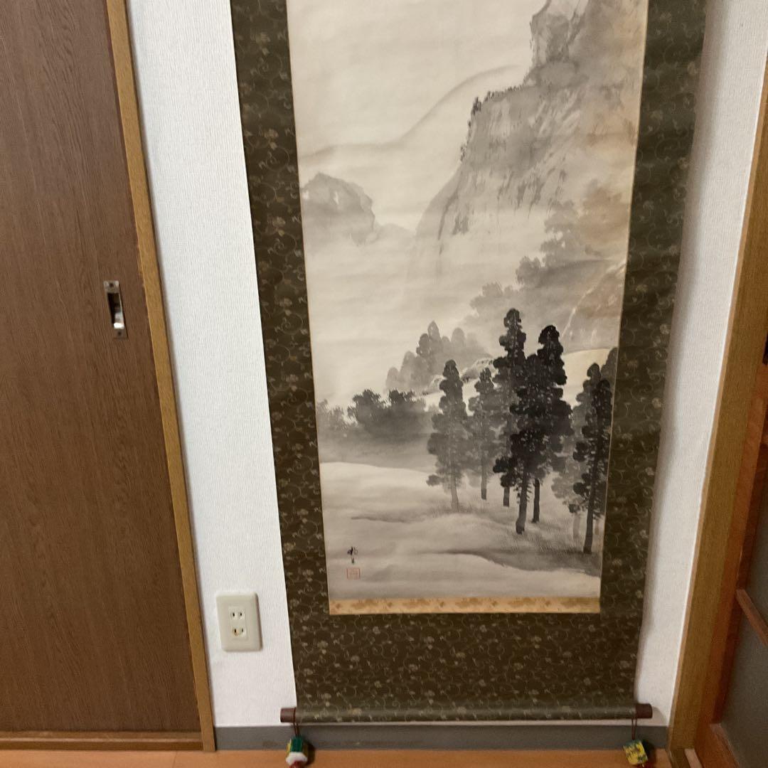 絹本水墨画 掛け軸 山水風景 作者不詳 落款印譜在