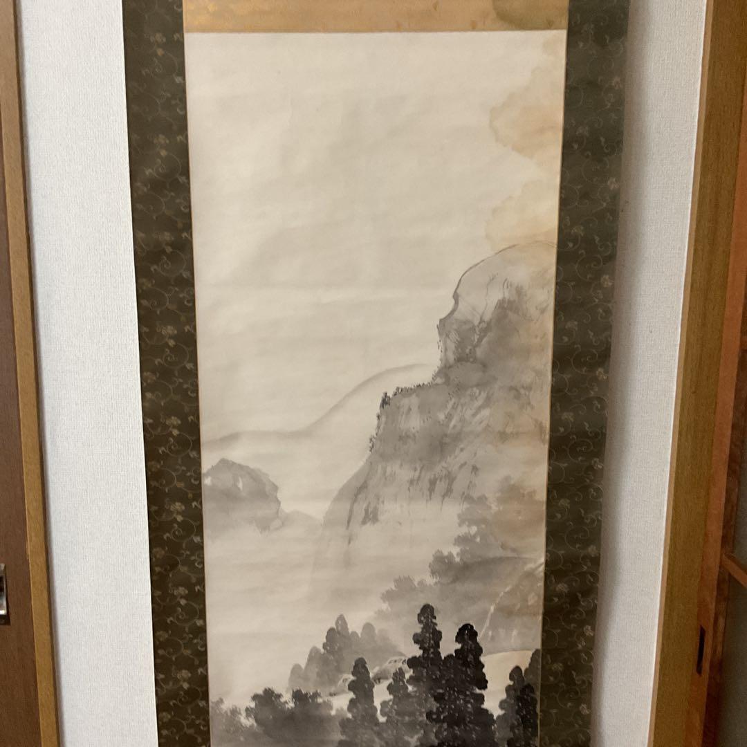 絹本水墨画 掛け軸 山水風景 作者不詳 落款印譜在