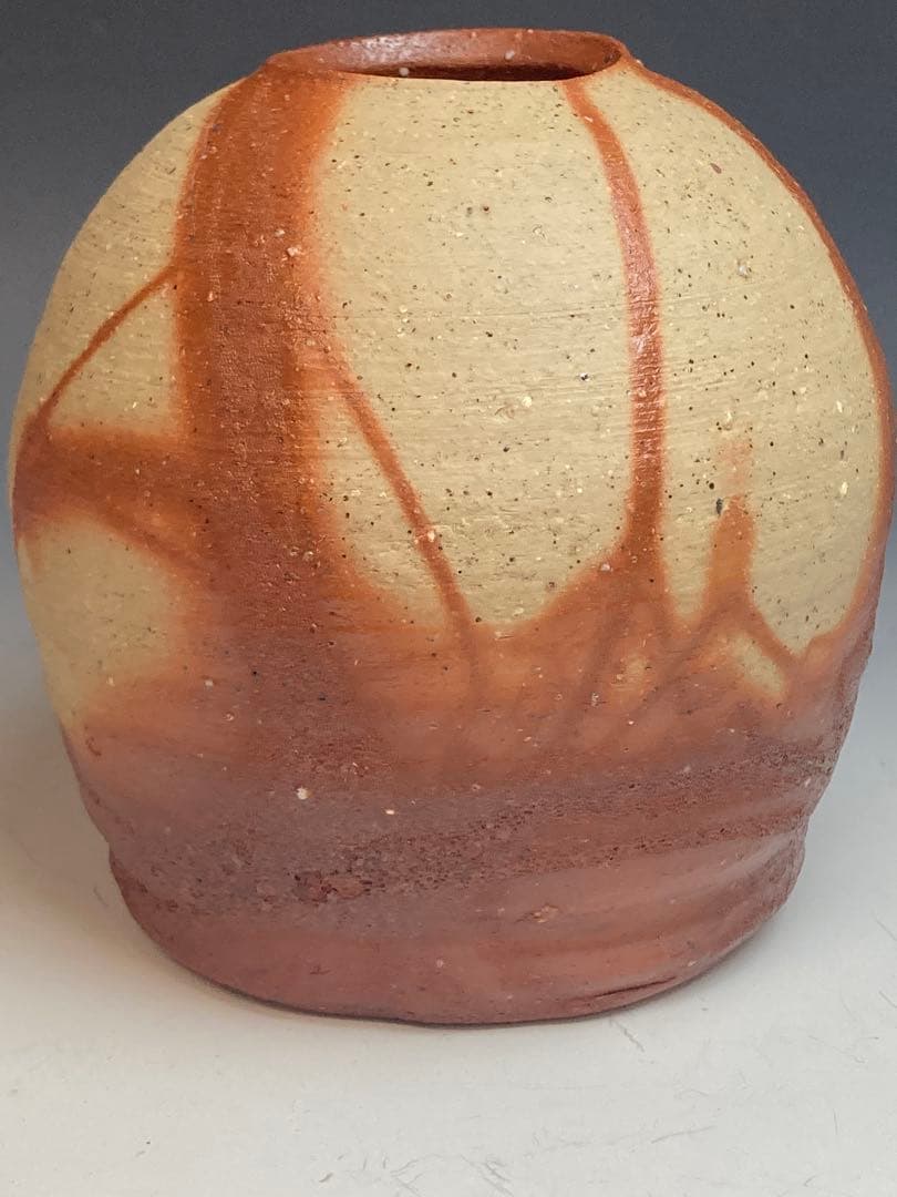 高力芳照 作 備前火襷丸花器 共箱 花瓶 花入 花生