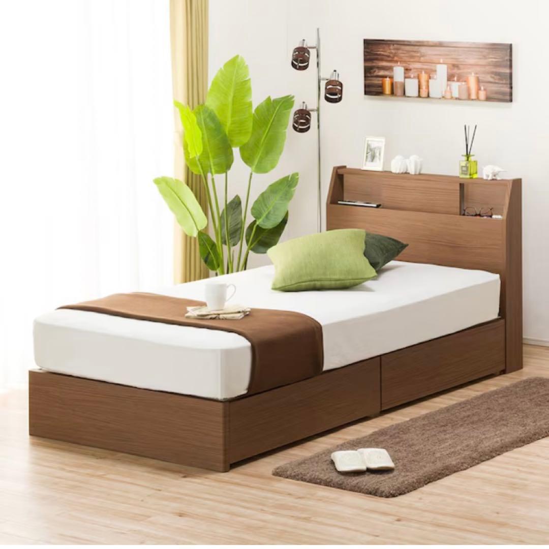 【美品3点】シングルベッドフレームブラウン、引き出し付き、シングルマットレス付き