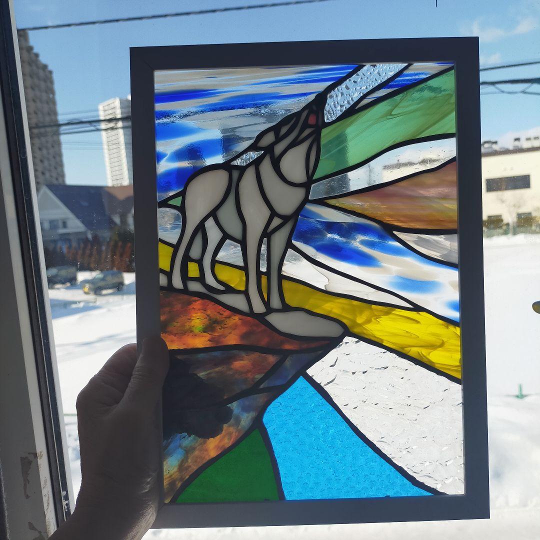 ステンドグラス パネル 狼 　サンキャッチャー　壁飾り