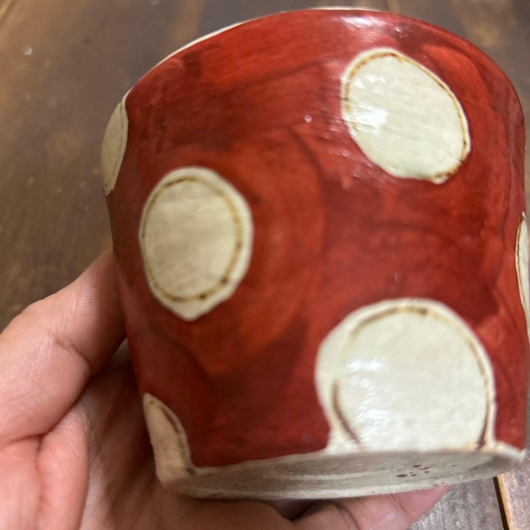 作家　陶芸作家　赤絵　ドット柄　そば猪口　フリーカップ