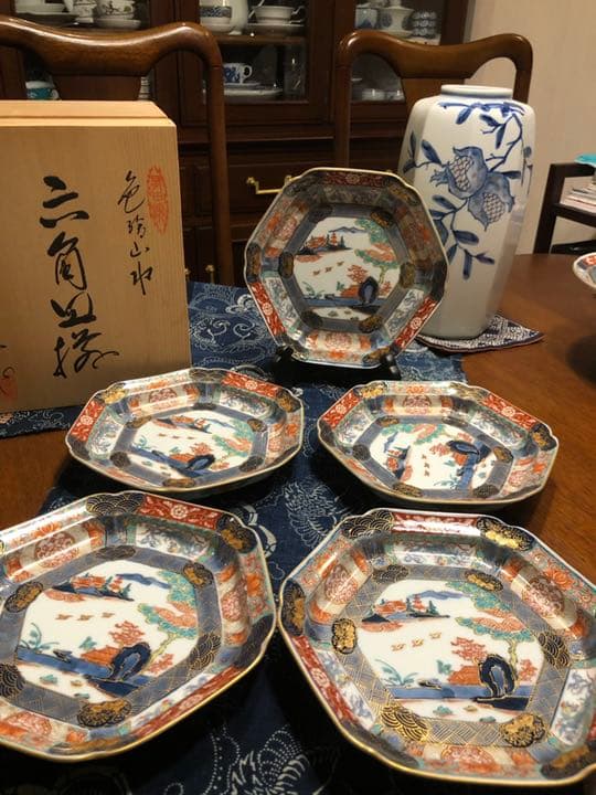 有田　幸楽作　金彩色絵　山水楼閣　六角皿揃五枚❣️お正月❣️