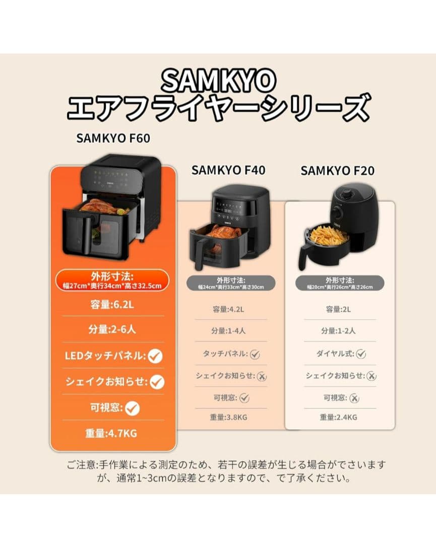 SAMKYO ノンフライヤー エアフライヤー 6.2L 大容量 2～6人用