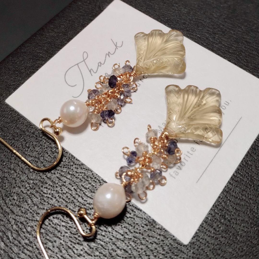 週末セール✨ ビアクォーツ　デザインカービング　14Kgfピアス