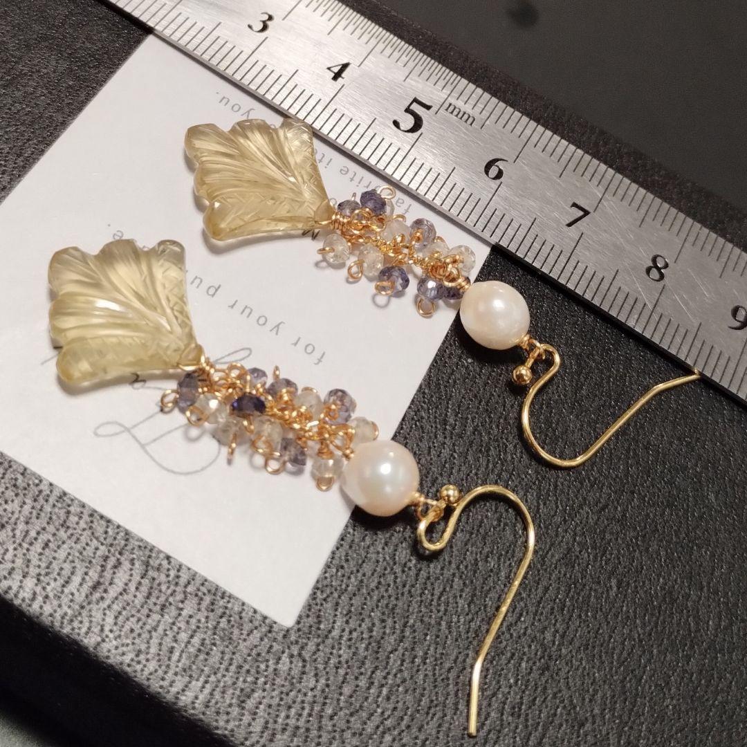 週末セール✨ ビアクォーツ　デザインカービング　14Kgfピアス