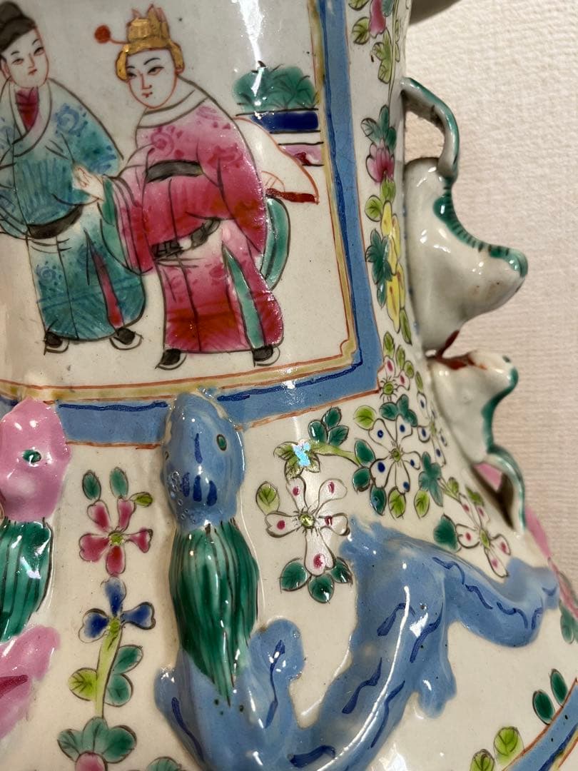 中国美術清〜民国期色絵 人物風景文 耳付 大清康熙年製 唐物 古陶磁 粉彩時代物