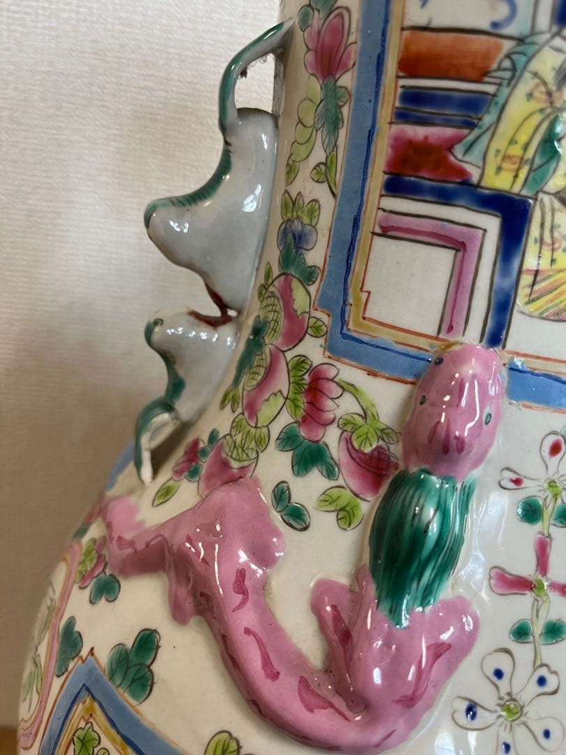 中国美術清〜民国期色絵 人物風景文 耳付 大清康熙年製 唐物 古陶磁 粉彩時代物