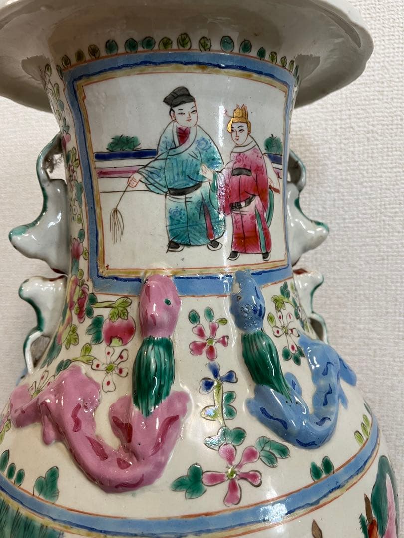 中国美術清〜民国期色絵 人物風景文 耳付 大清康熙年製 唐物 古陶磁 粉彩時代物