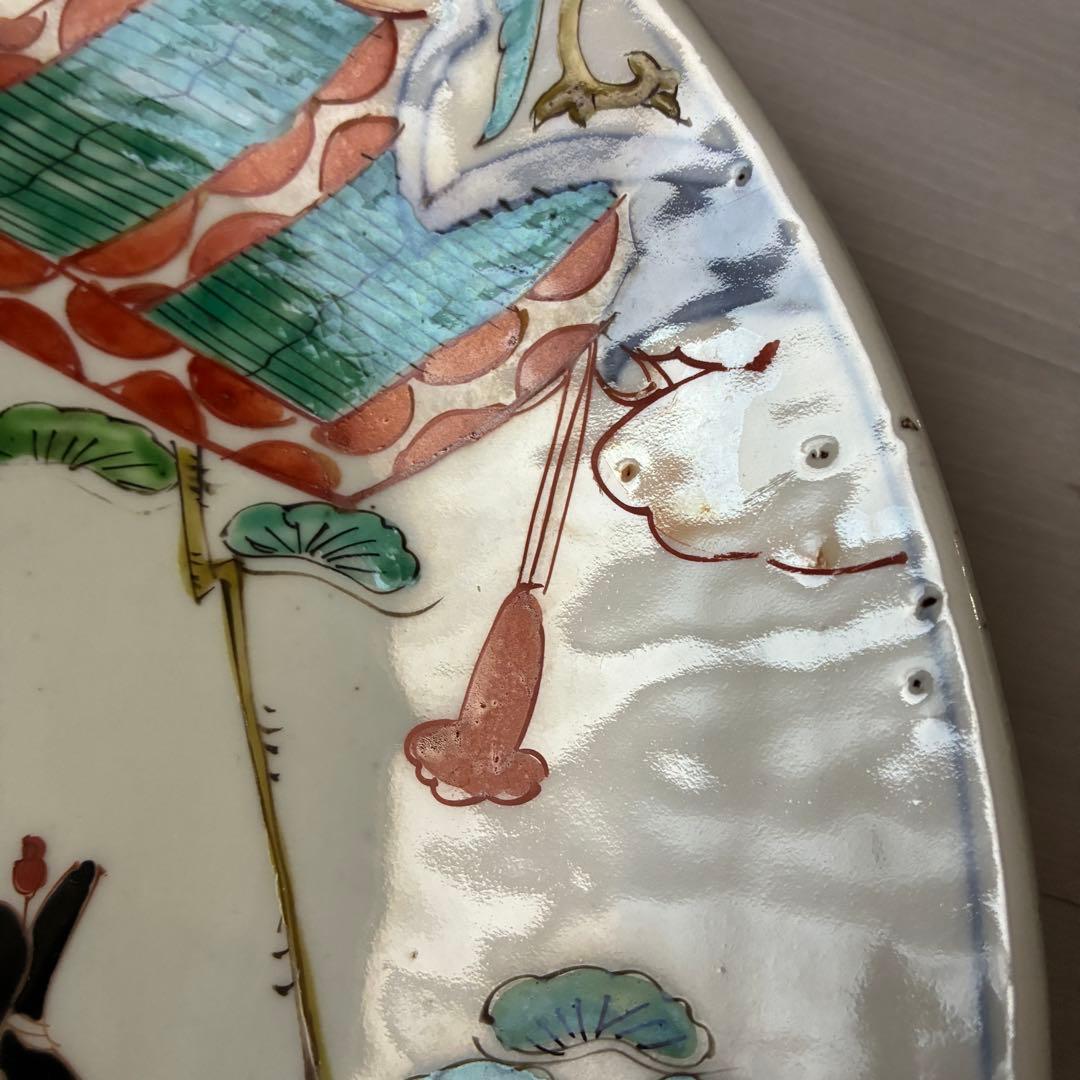 古い大皿　約34cm 色絵　美人図 鳳凰 飾皿 骨董　尺皿　インテリア　時代物