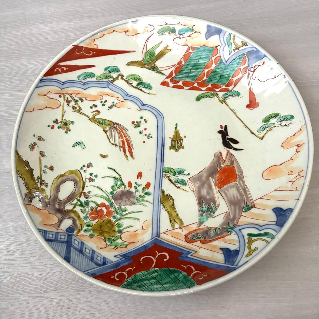 古い大皿　約34cm 色絵　美人図 鳳凰 飾皿 骨董　尺皿　インテリア　時代物