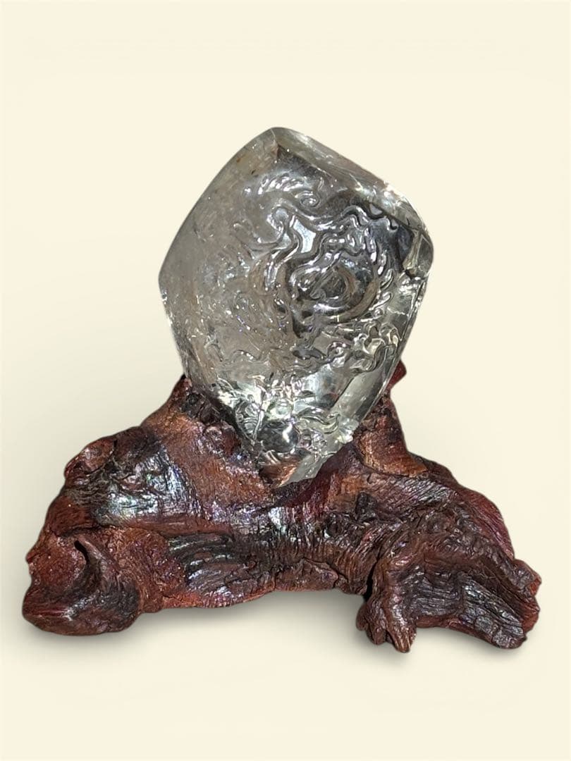 天然シトリン　龍の手彫り置物　流木台座付き　レインボーあり　236g 天然石